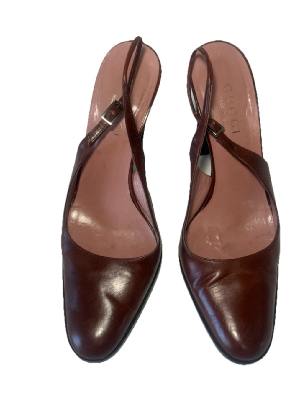 GUCCI Slingback Heels Closed Toe Brown Leather Shoes Sandals US 7 EU 37 C